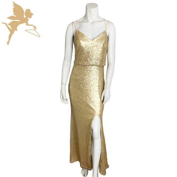 CHRISTINA WU Matte Gold Cowl Back Sequin Formal Gown